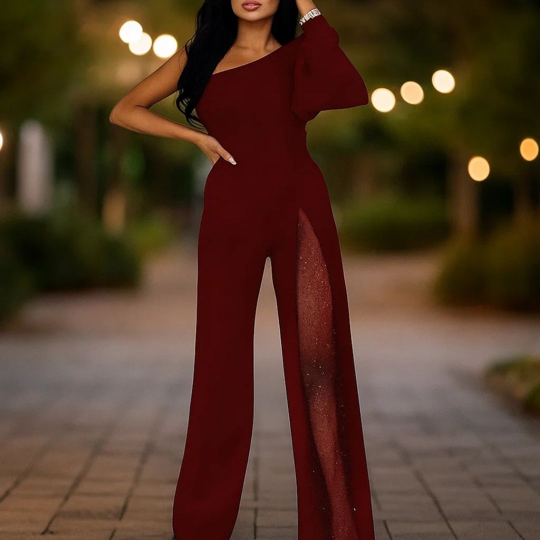 One-Shoulder Flared Jumpsuit met Glamour Split